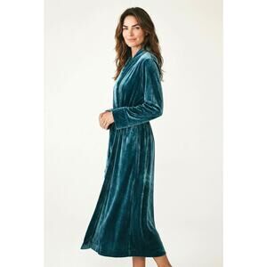 Soft Surroundings Velvet Robe Teal Rayon Silk Long Belted Pockets Size L ~ EUC!